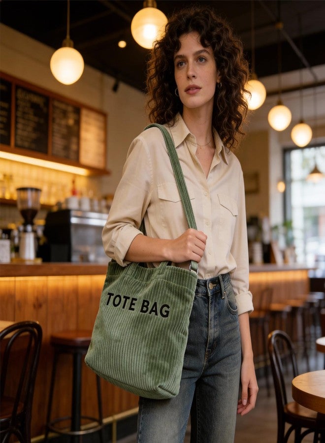 Valentoria Tote Bag for Women Letter Print Tote Bag Corduroy Handbag for Work Travel Hobo Bags Adjustable Strap (Bean Green) - Image 3
