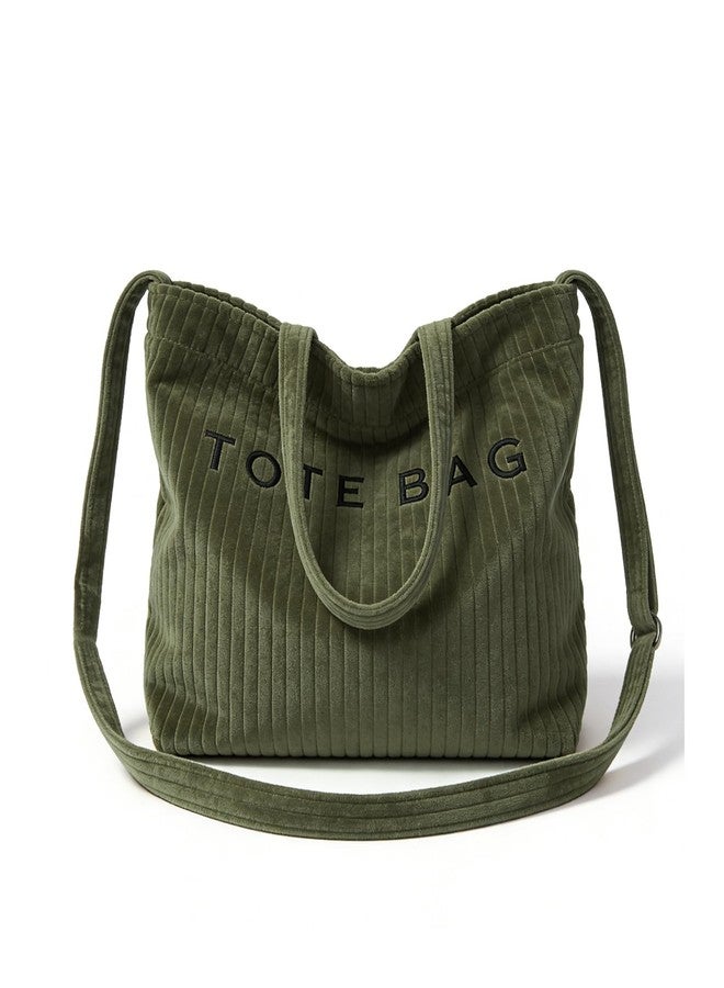 Valentoria Tote Bag for Women Letter Print Tote Bag Corduroy Handbag for Work Travel Hobo Bags Adjustable Strap (Bean Green) - Image 1
