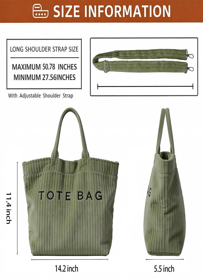 Valentoria Tote Bag for Women Letter Print Tote Bag Corduroy Handbag for Work Travel Hobo Bags Adjustable Strap (Bean Green) - Image 4