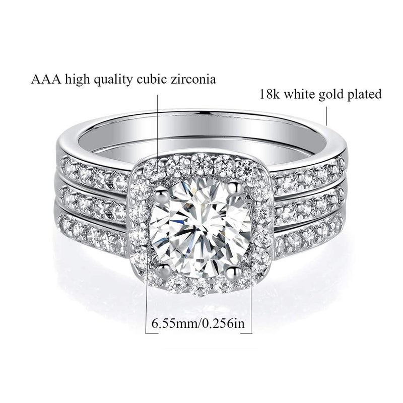 MDFUN 18K White Gold Plated Cubic Zirconia Three-in-One Halo Wedding Engagement Promise Eternity Ring for Women (11) - Image 3