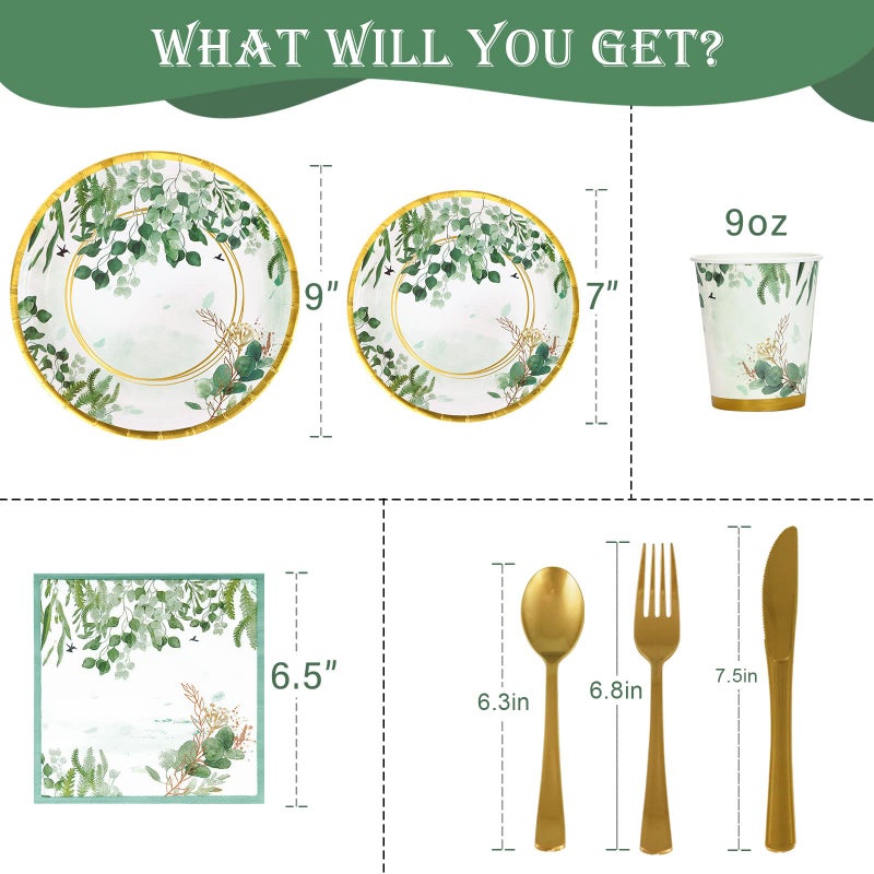 Gudvilla 168 Pcs Sage Green Baby Shower Decorations  Sage Green Plates  Bridal Shower Plates and Napkins sets  Eucalyptus Baby Shower Birthday Baptism Wedding Shower Decorations  Serves 24 - Image 3
