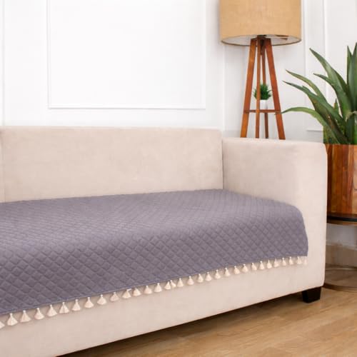 STITCHNEST 3 Seater Quilted Velvet Sofa Cover with Tassels | Elegant Grey Sofa Protector for Living Room | Soft, Washable | Perfect for Enhancing Living Room Interiors - Image 1