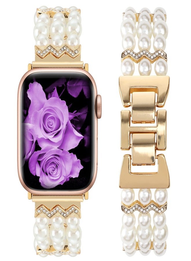 YONWORTH Adjustable Elastic Pearl Beaded Band Compatible with Apple Watch 38mm 40mm 41mm, Woman Chic Diamond Metal Chain Solo Loop Stretch Bracelet Strap Replacement for iWatch Series 9 8 7 6 5 4 3 2 SE (38/40/41mm, Pearl White) - Image 1