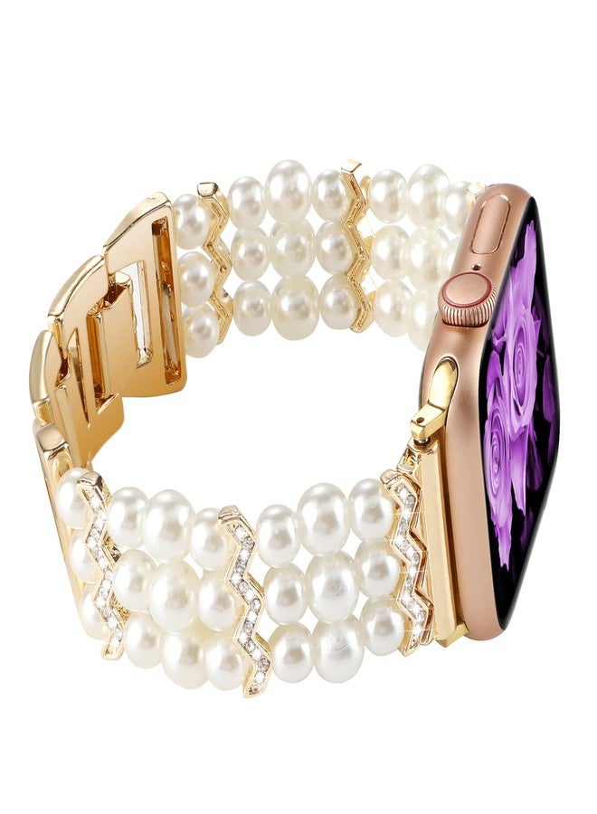 YONWORTH Adjustable Elastic Pearl Beaded Band Compatible with Apple Watch 38mm 40mm 41mm, Woman Chic Diamond Metal Chain Solo Loop Stretch Bracelet Strap Replacement for iWatch Series 9 8 7 6 5 4 3 2 SE (38/40/41mm, Pearl White) - Image 2
