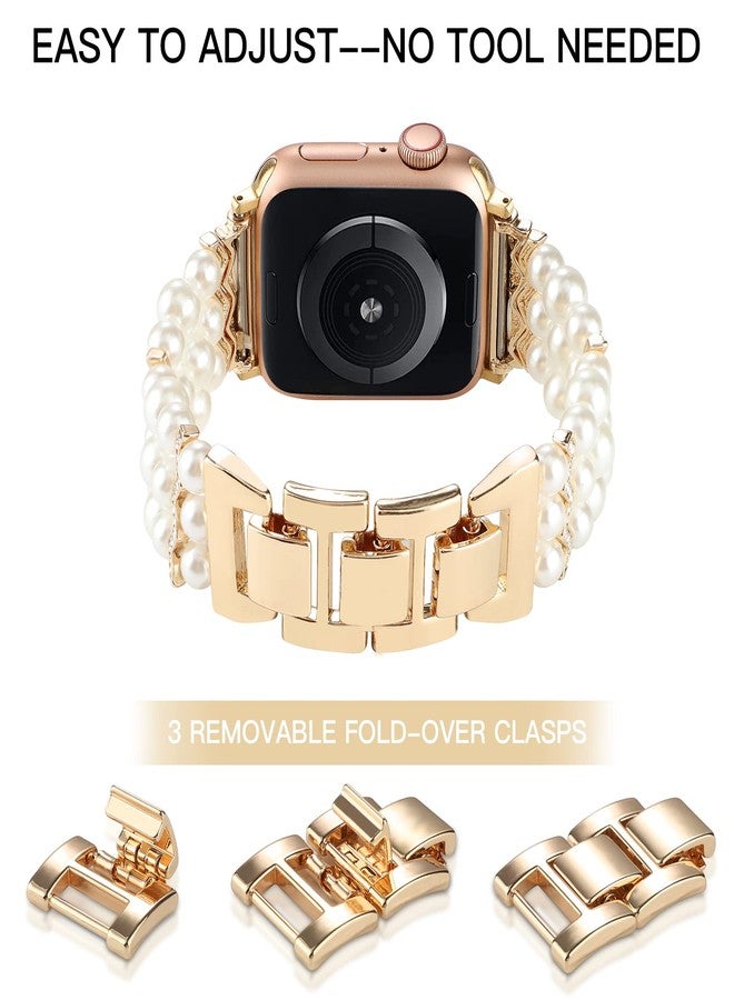 YONWORTH Adjustable Elastic Pearl Beaded Band Compatible with Apple Watch 38mm 40mm 41mm, Woman Chic Diamond Metal Chain Solo Loop Stretch Bracelet Strap Replacement for iWatch Series 9 8 7 6 5 4 3 2 SE (38/40/41mm, Pearl White) - Image 5