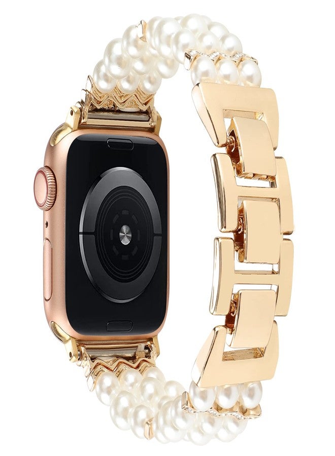 YONWORTH Adjustable Elastic Pearl Beaded Band Compatible with Apple Watch 38mm 40mm 41mm, Woman Chic Diamond Metal Chain Solo Loop Stretch Bracelet Strap Replacement for iWatch Series 9 8 7 6 5 4 3 2 SE (38/40/41mm, Pearl White) - Image 4