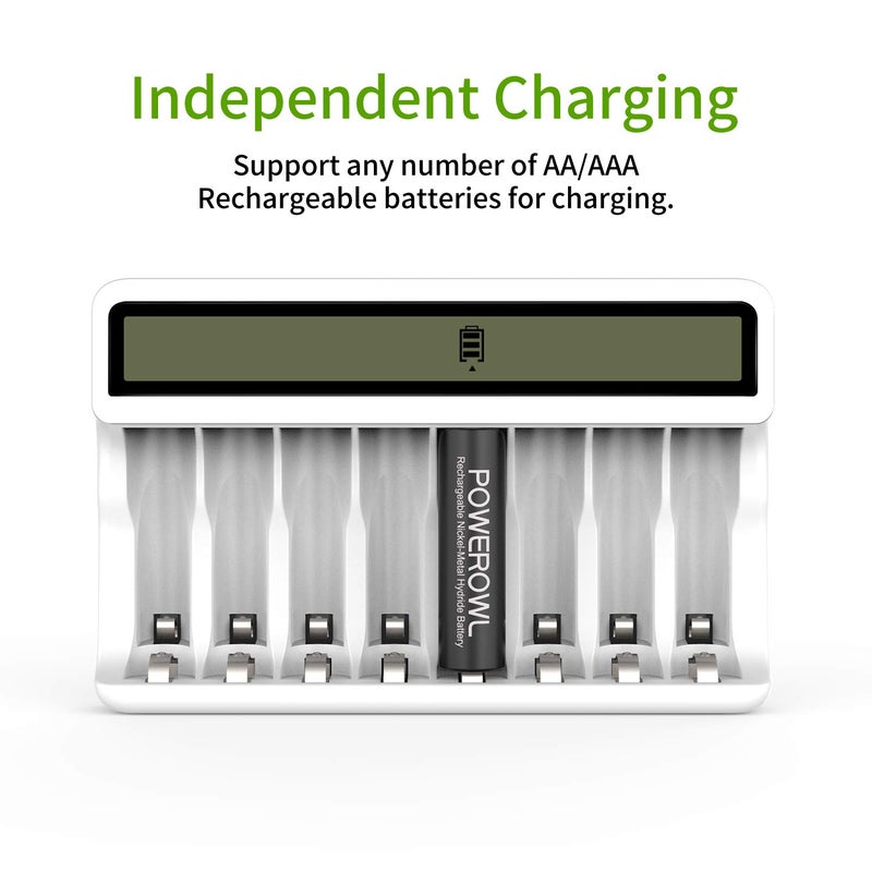 POWEROWL شاحن بطاريات POWEROWL 8 فتحات AA AAA مع شاشة LCD (شحن سريع USB، فتحة مستقلة) لبطاريات Ni-MH Ni-CD القابلة لإعادة الشحن - Image 4