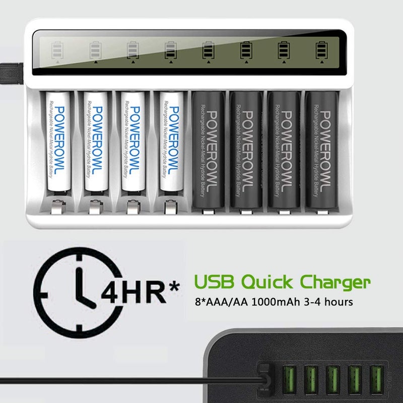 POWEROWL شاحن بطاريات POWEROWL 8 فتحات AA AAA مع شاشة LCD (شحن سريع USB، فتحة مستقلة) لبطاريات Ni-MH Ni-CD القابلة لإعادة الشحن - Image 3