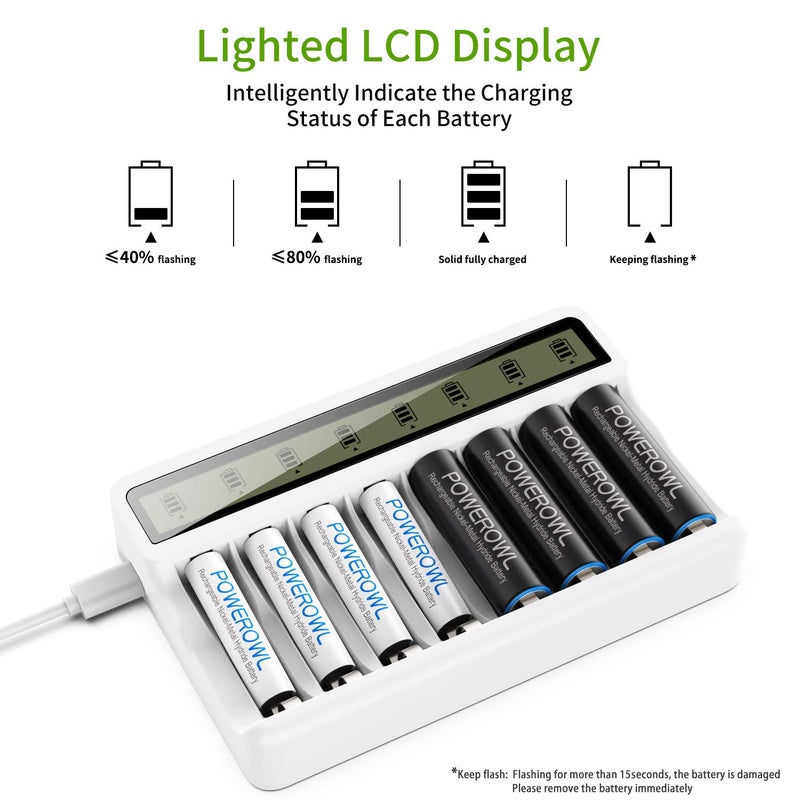 POWEROWL شاحن بطاريات POWEROWL 8 فتحات AA AAA مع شاشة LCD (شحن سريع USB، فتحة مستقلة) لبطاريات Ni-MH Ni-CD القابلة لإعادة الشحن - Image 5