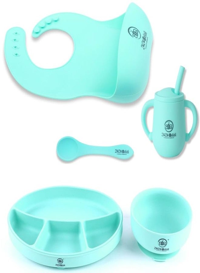ZoZoBaa Silicone Feeding Set Including Baby Bib,Long Spoon, Straw Training Cup, Suction Base Oval Plate & Bowl for Toddler |Solid Cutlery Set | Easy Wipe Clean| Baby Weaning Sets (5 Pc), [Green] - Image 1