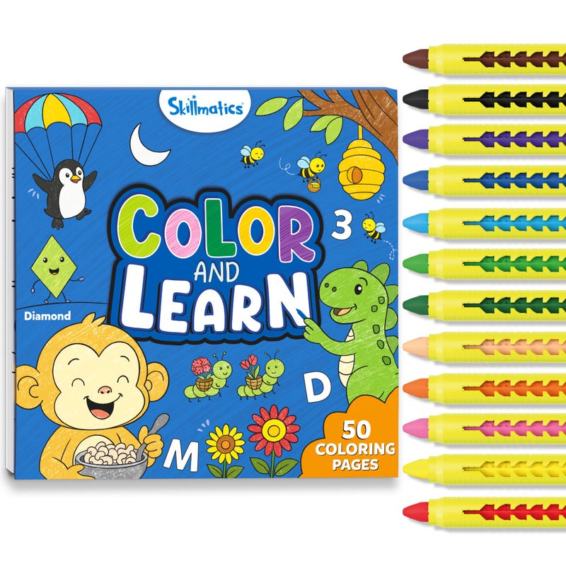 Skillmatics Color & Learn Activity Book â€“ Letters, Numbers, Phonics & Shapes, 12 Retractable Mess-Free Crayons & 50 Pages, Educational Gift for Toddlers and Preschoolers Ages 3, 4, 5, 6 - Image 1