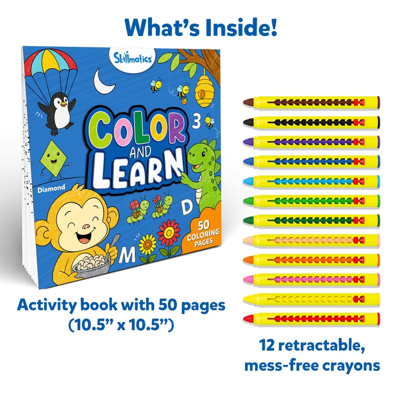 Skillmatics Color & Learn Activity Book â€“ Letters, Numbers, Phonics & Shapes, 12 Retractable Mess-Free Crayons & 50 Pages, Educational Gift for Toddlers and Preschoolers Ages 3, 4, 5, 6 - Image 2