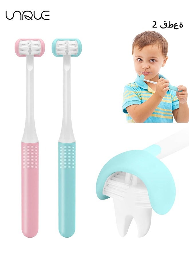 Unique 2PCS Three Sided Toothbrush, Soft Bristles Kids Toothbrush, Autism Sensory Toothbrush, 3 Sided Toothbrush Kids Silicone Elastic Brush Heads Gentle Clean Each Tooth(Blue+Pink) - Image 1