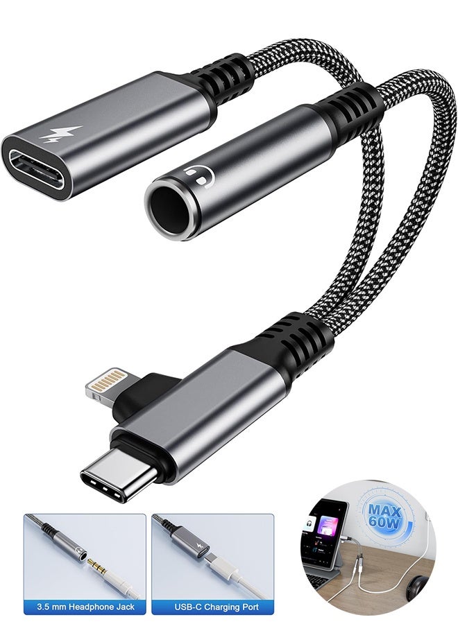 كوانتوم محول Lightning وUSB-C إلى منفذ سماعة رأس 3.5 ملم وشاحن سريع، محول USB-C إلى منفذ AUX 3.5 ملم، محول Lightning إلى منفذ 3.5 ملم لأجهزة Galaxy S22 وiPad وPixel وiPhone 17 و16 و15 و14 وX - Image 1