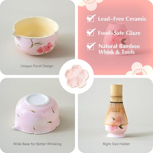 ChaseWind Matcha Whisk Set, 7Pcs Matcha Set with Hand-Painted Ceramic Matcha Bowl, Matcha Whisk and Holder, Scoop and Rest, Sifter, Tea Towel, Artisan Matcha Kit for Ceremony & Gifting (Pink) - Image 5