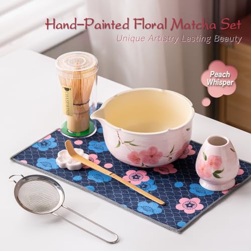ChaseWind Matcha Whisk Set, 7Pcs Matcha Set with Hand-Painted Ceramic Matcha Bowl, Matcha Whisk and Holder, Scoop and Rest, Sifter, Tea Towel, Artisan Matcha Kit for Ceremony & Gifting (Pink) - Image 2