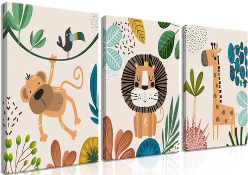 AKWISH Safari Jungle Nursery Wall Decor Set of 3 Framed Animal Canvas Wall Art for Baby Room Toddler Boy or Girl Bedroom Cute Safari Themed Baby Nursery Decor 12x16in - Image 1