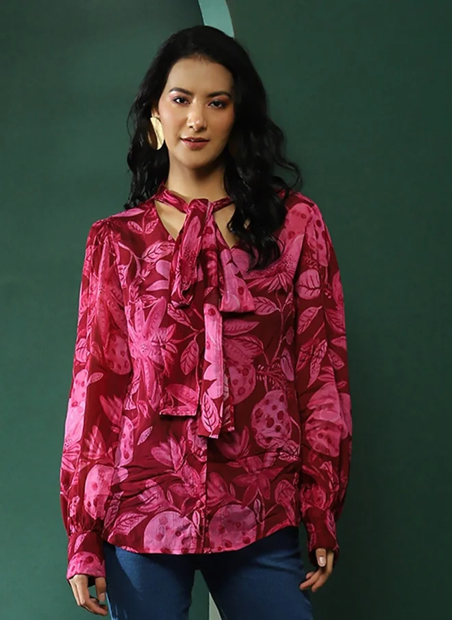 أيه كيه إس Burgundy Floral Printed Tie-Up Neck Top for Women