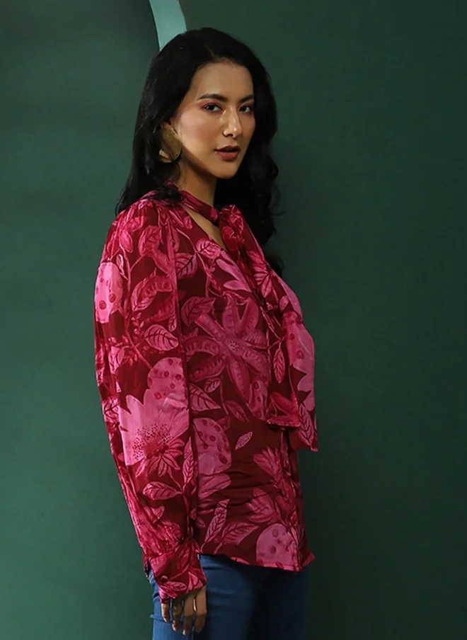 AKS Burgundy Floral Printed Tie-Up Neck Top for Women