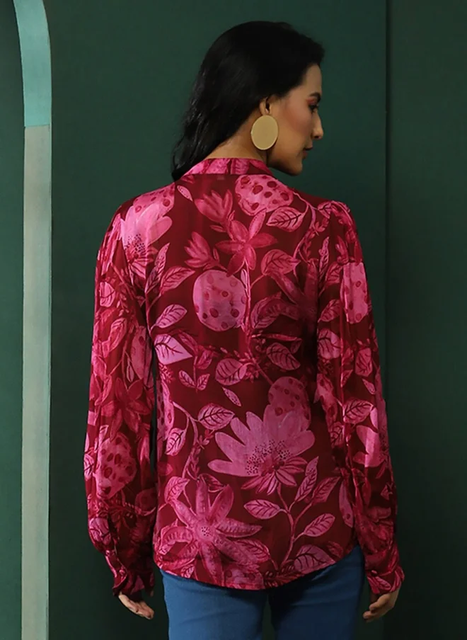 AKS Burgundy Floral Printed Tie-Up Neck Top for Women