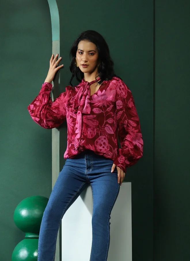 AKS Burgundy Floral Printed Tie-Up Neck Top for Women