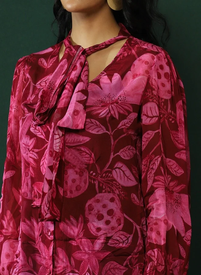 أيه كيه إس Burgundy Floral Printed Tie-Up Neck Top for Women