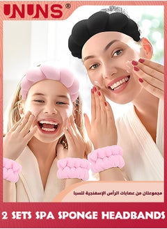 UNUNS 2 Sets Spa Sponge Headbands And Wristbands Set,Velvet Head Band For Women Girl,Absorbent Head Bands Terry Towel Cloth Fabric Headband For Washing Face,Shower,Skincare(Black, Pink)  - Image 4
