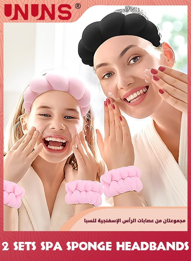 UNUNS 2 Sets Spa Sponge Headbands And Wristbands Set,Velvet Head Band For Women Girl,Absorbent Head Bands Terry Towel Cloth Fabric Headband For Washing Face,Shower,Skincare(Black, Pink) - Image 4