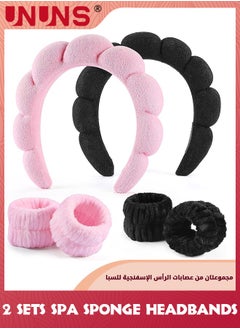 UNUNS 2 Sets Spa Sponge Headbands And Wristbands Set,Velvet Head Band For Women Girl,Absorbent Head Bands Terry Towel Cloth Fabric Headband For Washing Face,Shower,Skincare(Black, Pink)  - Image 1