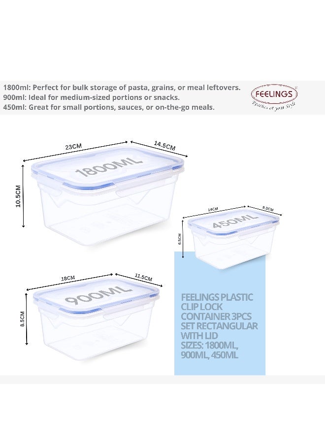 FEELINGS Plastic Clip Lock Food Containers, 3-Piece Set, Airtight Lids, BPA-Free, Microwave, Freezer and Dishwasher Safe, Stackable - Image 4