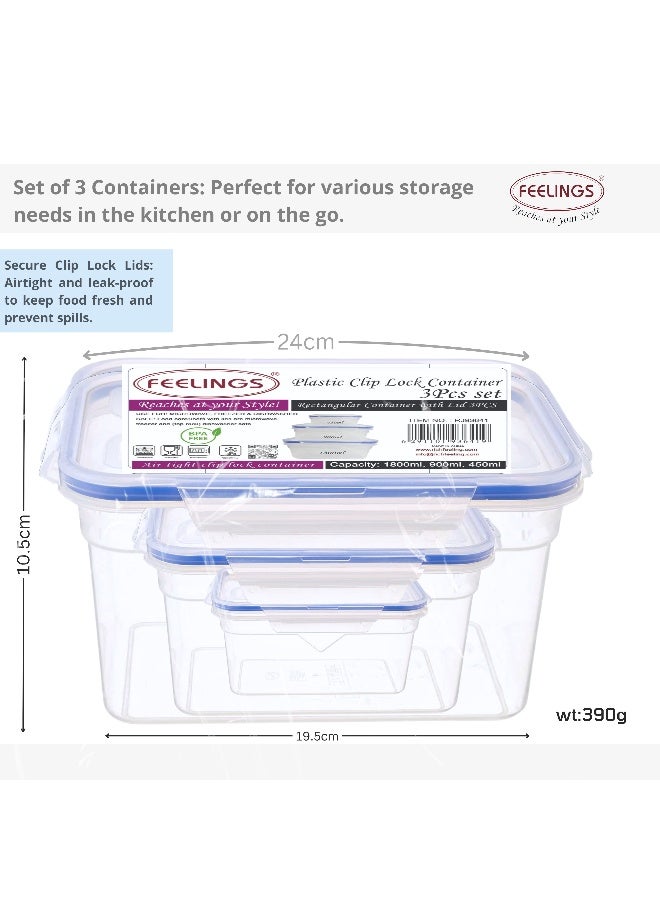 FEELINGS Plastic Clip Lock Food Containers, 3-Piece Set, Airtight Lids, BPA-Free, Microwave, Freezer and Dishwasher Safe, Stackable - Image 2