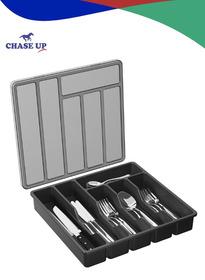 Chase Up Silverware Organizer with Lid, Covered Utensil Tray for Kitchen Drawer and Countertop, Plastic Cutlery and Flatware Storage Box for Spoons Forks Knives Holder Case, 6 Compartments, Black - Image 1