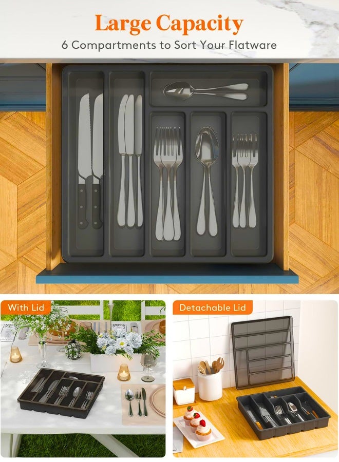 Chase Up Silverware Organizer with Lid, Covered Utensil Tray for Kitchen Drawer and Countertop, Plastic Cutlery and Flatware Storage Box for Spoons Forks Knives Holder Case, 6 Compartments, Black - Image 4