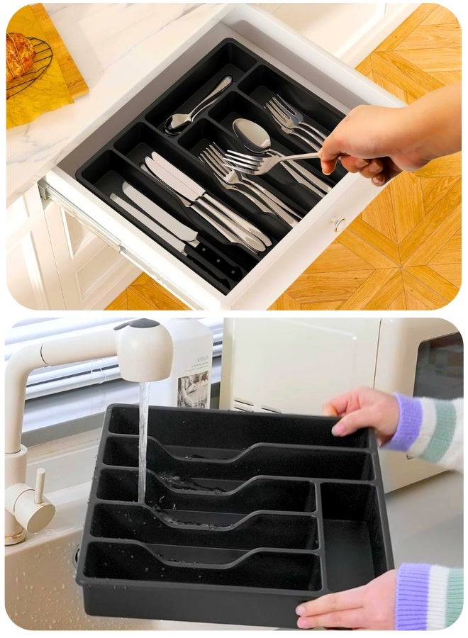 Chase Up Silverware Organizer with Lid, Covered Utensil Tray for Kitchen Drawer and Countertop, Plastic Cutlery and Flatware Storage Box for Spoons Forks Knives Holder Case, 6 Compartments, Black - Image 2