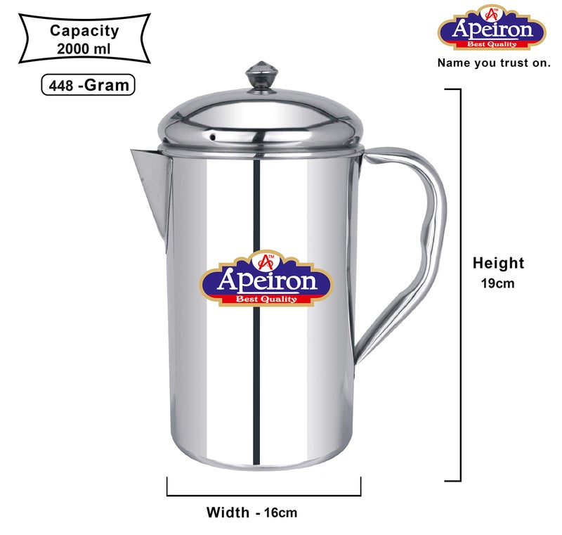 Apeiron Stainless Steel Water jug with Lid and Handle, 2000 ML (Carafe) (Pack of 6, Carafe) - Image 2
