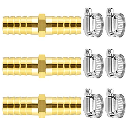 Da by 3 pcs 1/2" (12.5mm) Barb Splicer Mender Hose Brass Barb Fitting with 6 pcs Stainless Steel Pipe Clamps for Water/Fuel/Air - Image 1