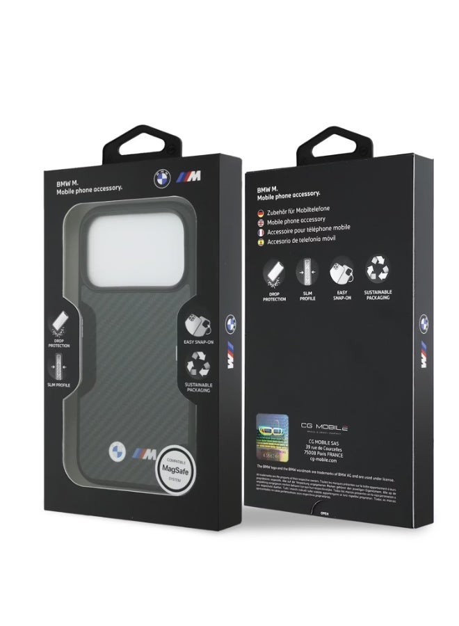 بي إم دبليو جراب BMW MagSafe Kevlar مع شعارات معدنية لهاتف iPhone 17 Pro، حماية من السقوط، تغليف مستدام، تصميم رفيع، تصميم سهل التركيب - أسود - Image 1