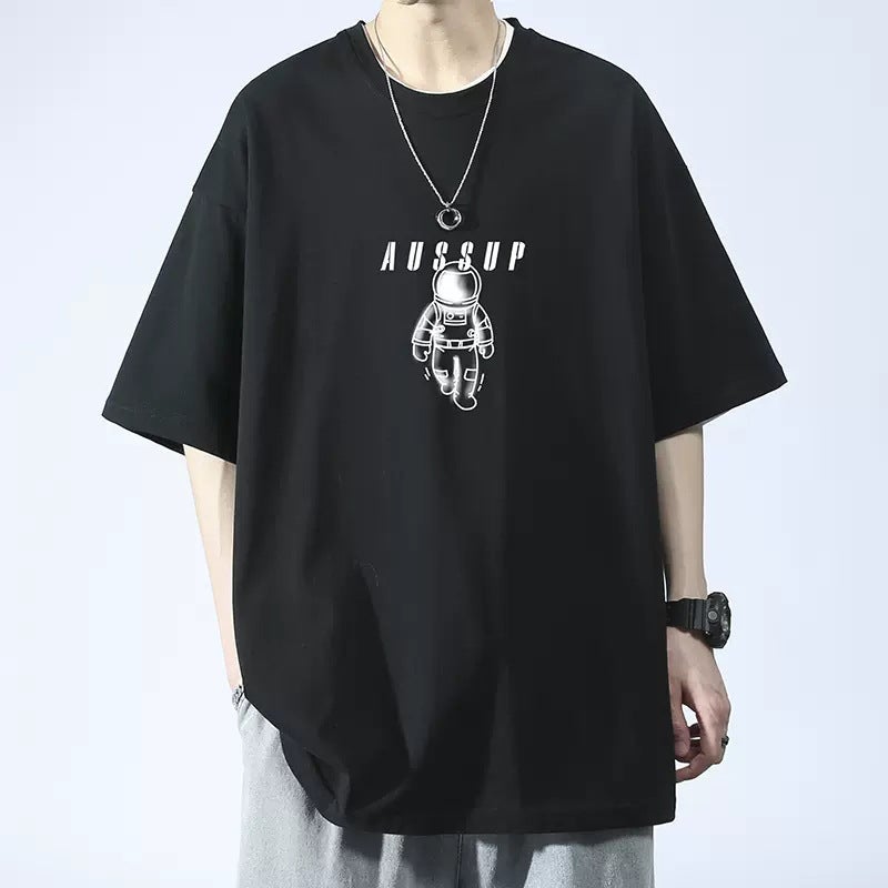 2024 Summer Short-sleeved T-shirt Mens Loose Trendy Ins Hong Kong Style All-match T-shirt Top Plus Size Half-sleeve Top for Chubby Black T140 Small Airman 