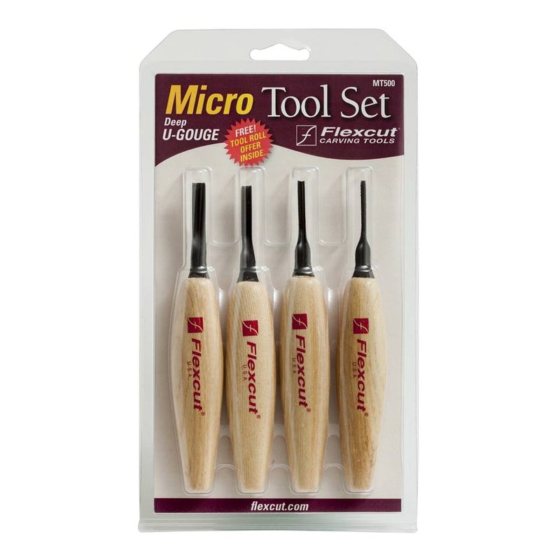 FLEXCUT Carving Tools Deep UGouge Micro Tool Set Razor Sharp High Carbon Steel Blades Set of 4 MT500