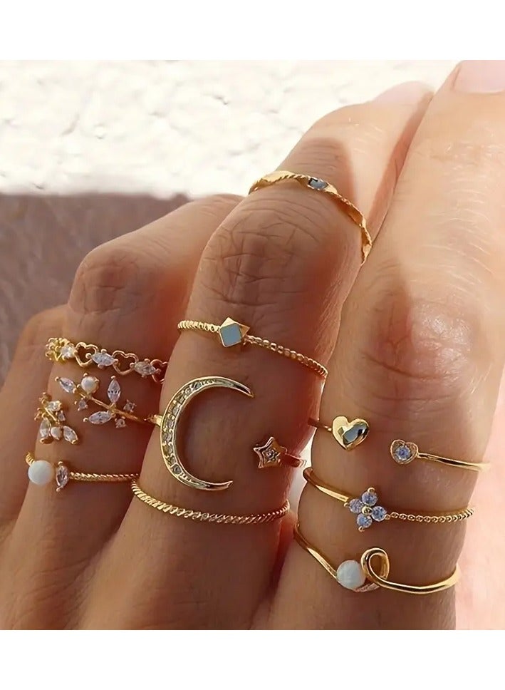 Goolsky 10pcs Elegant & Vintage Golden-Toned Ring Set with Sparkling Rhinestones - Crescent Moons, Stars, Flowers, Hearts & Geometric Designs - Ideal for Daily Wear, Parties, Dates & Gifting - Image 1
