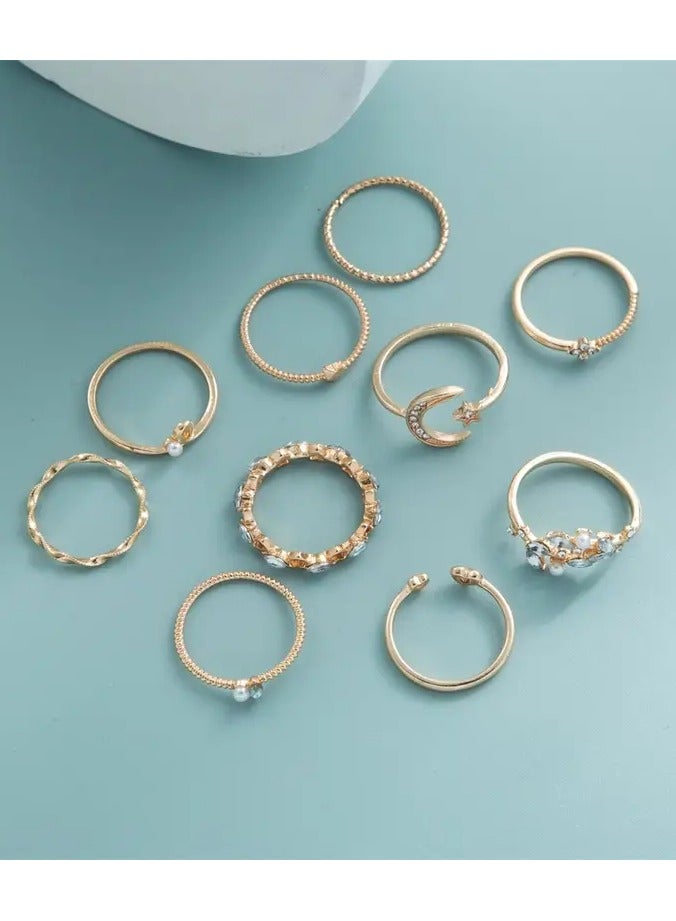 Goolsky 10pcs Elegant & Vintage Golden-Toned Ring Set with Sparkling Rhinestones - Crescent Moons, Stars, Flowers, Hearts & Geometric Designs - Ideal for Daily Wear, Parties, Dates & Gifting - Image 2