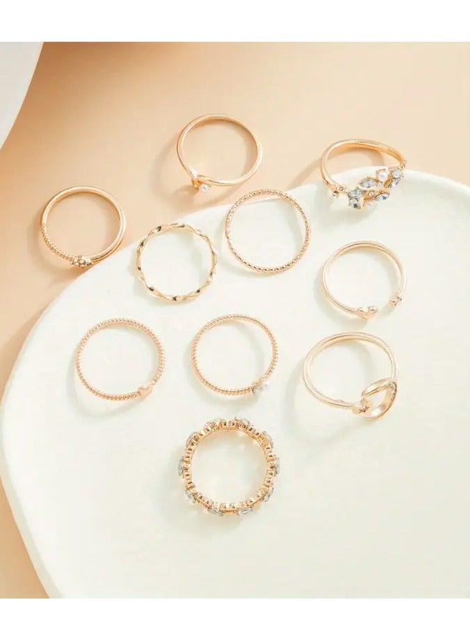 Goolsky 10pcs Elegant & Vintage Golden-Toned Ring Set with Sparkling Rhinestones - Crescent Moons, Stars, Flowers, Hearts & Geometric Designs - Ideal for Daily Wear, Parties, Dates & Gifting - Image 3