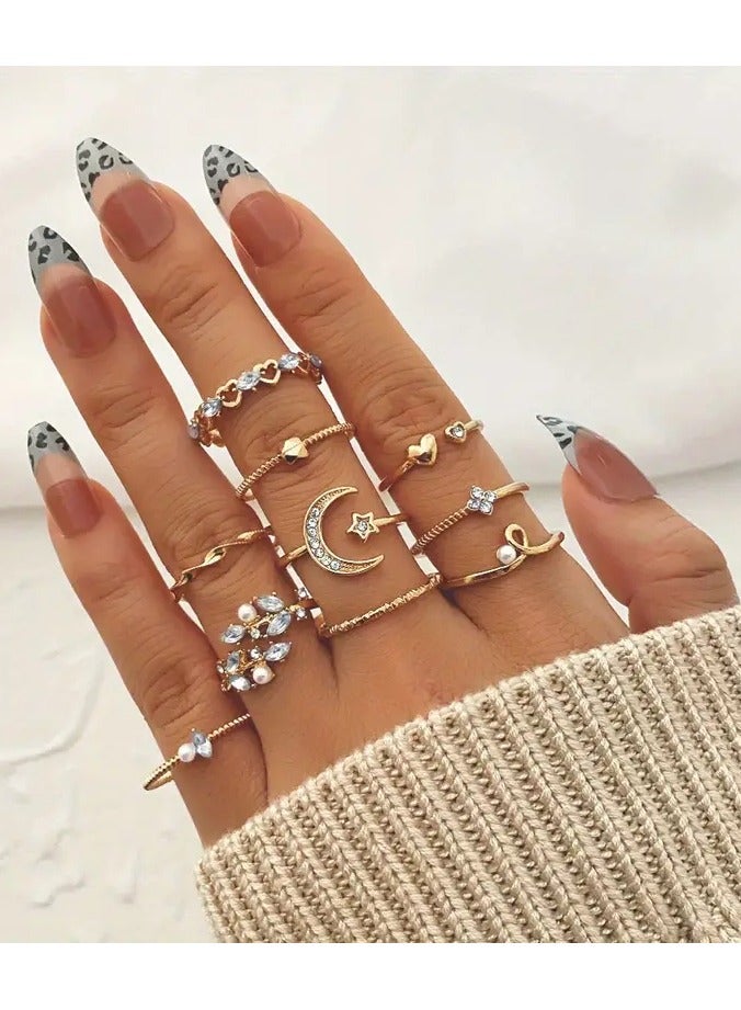 Goolsky 10pcs Elegant & Vintage Golden-Toned Ring Set with Sparkling Rhinestones - Crescent Moons, Stars, Flowers, Hearts & Geometric Designs - Ideal for Daily Wear, Parties, Dates & Gifting - Image 4
