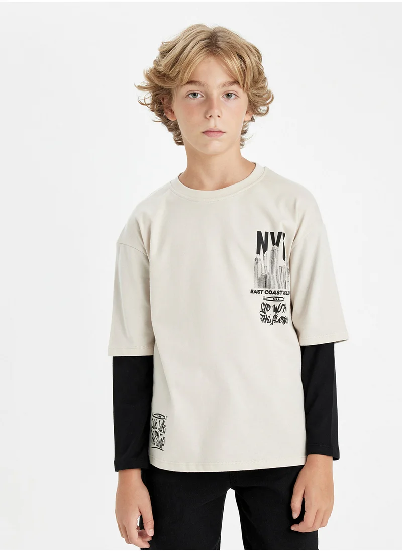 DeFacto Crew Neck Text Printed Long Sleeve T-Shirt