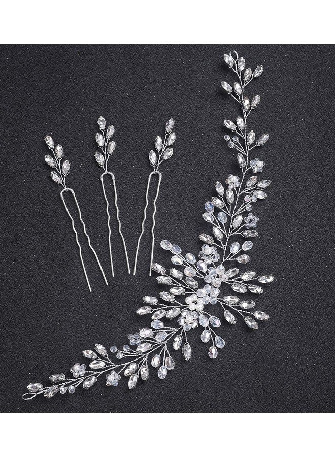 BERYUAN Bride Wedding Crystal Hair Vine Flower Headband Bridal Hair Pieces Wedding Hair Accessories For Women And Girls（With 3 Hairpins） (Silver) - Image 2