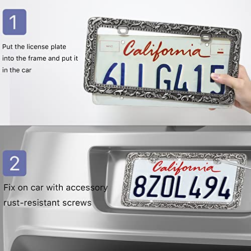 Valor Metal Car License Plate Frames,Antique Old Pattern Printing, Bling Crystal Rhinestones Inlaid,Universal 2 Holes Automotive Replacement Parts Plate Holder(2 Pack) - Image 5