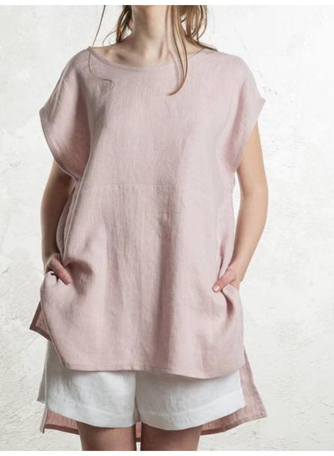 Song Feng Ya Women's Cotton And Linen Top Round Neck Front Short Back Long Short Sleeve Top 