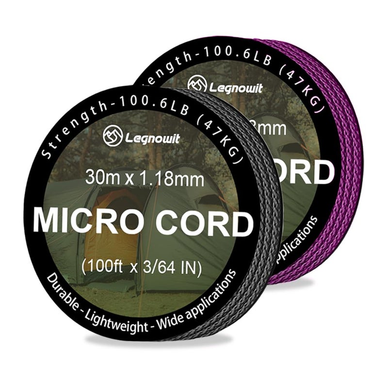Legnowit Micro Paracord, 2 Pack 1.18mm x 100ft Thin Mini Utility Braided Small Paracord for Crafting, DIY Project, Camping and More - Image 1