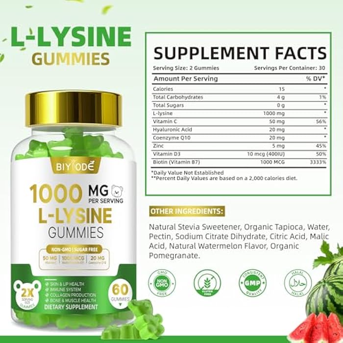 BIYODE L-Lysine Gummies with 1000mg: Lip & Skin Wellness with Vitamin C Zinc CoQ10 Hyaluronic Acid Sugar-Free Vegan Pectin Non-GMO Natural Watermelon Flavor 60 Gummies 30-Day Supply - Image 2