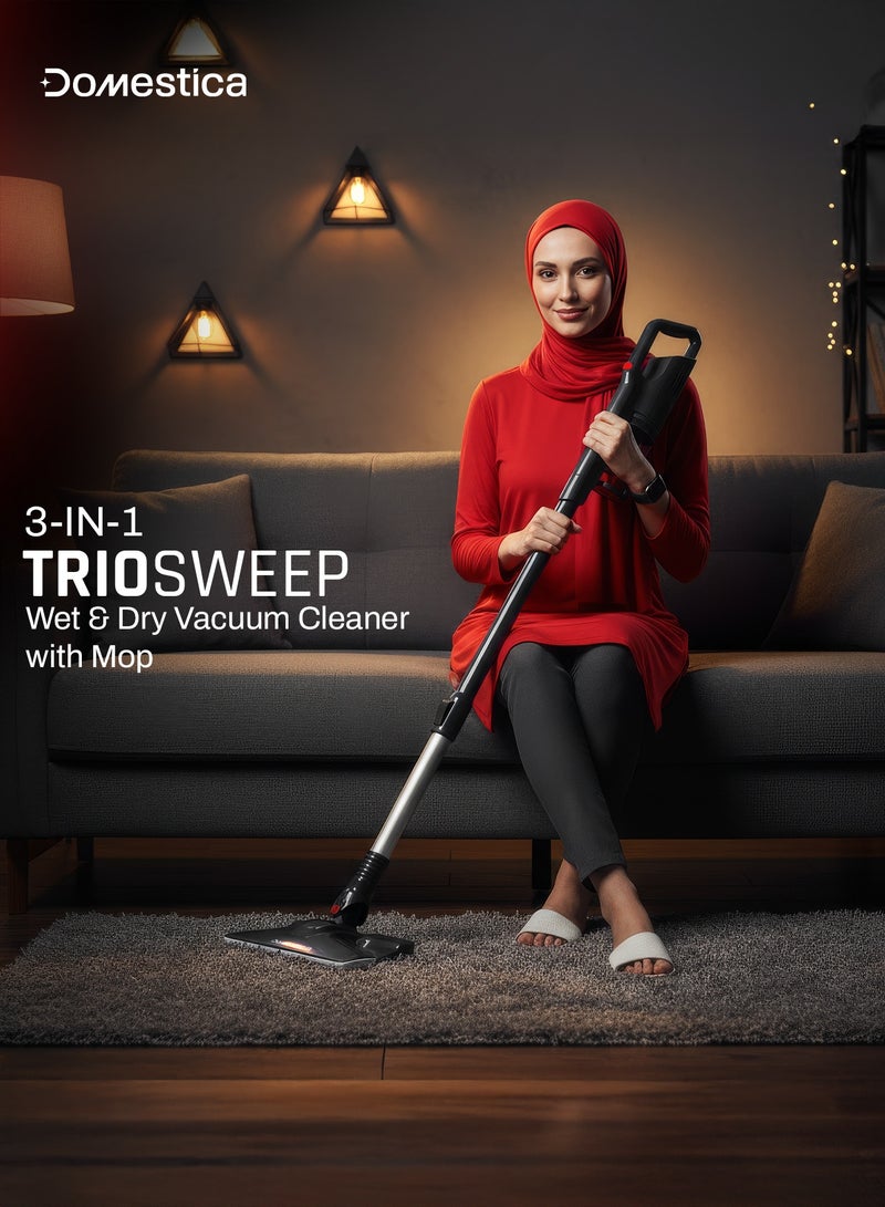 دوماستيكا مكنسة تريو سويب الكهربائية ٣ في ١ للتنظيف الجاف والرطب للمنزل، مزودة بخزان مياه سعة ٨٠٠ مل وممسحة | مكنسة كهربائية يدوية سلكية بقوة شفط ٢٠ كيلو باسكال قابلة للفصل للاستخدام المنزلي | تنظيف الأرضيات وإزالة البقع الرطبة والتنظيف الجاف، لون أسود - Image 2